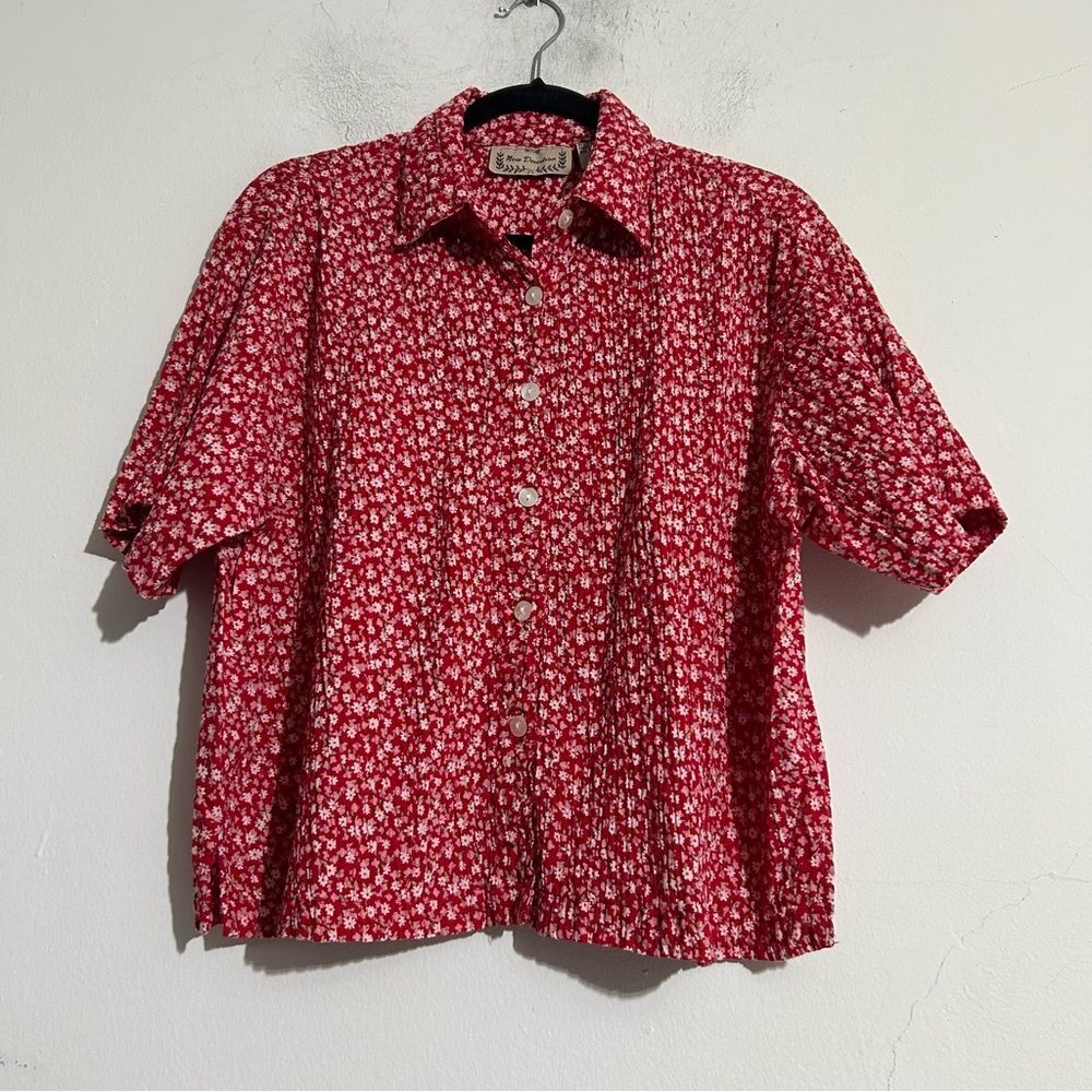 Vintage Pink Floral Cotton Crinkle Short Sleeve Button Down Top Cottage Boho
